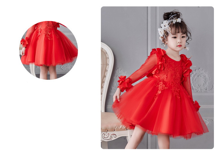 ชุดราตรีเด็ก Gd30312 พร้อมส่งชุดเดรสออกงานเด็กสีแดงสด ชุดราตรีเด็ก ทรงสั้น แขนยาว