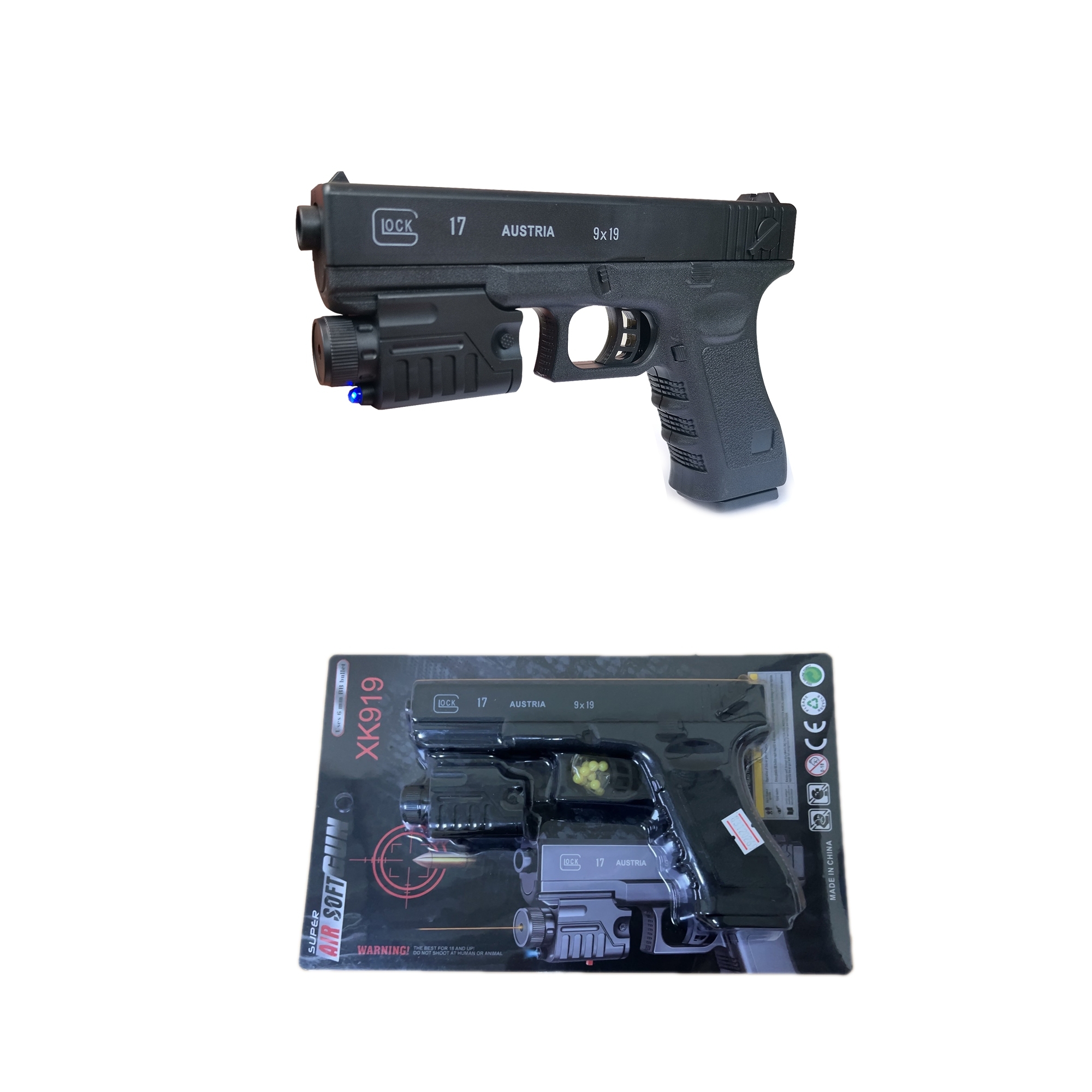 ปืนของเล่น ปืนพลาสติก ปืนอัดลมแบบพกสั้น ปืนพกสั้น ติดแสงเลเซอร์ ทรง GOCK 17 รุ่น XK919