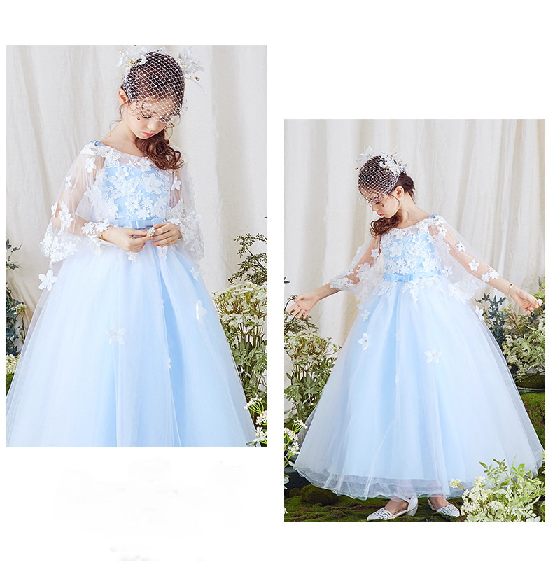 Gd34381 พร้อมส่ง ชุดออกงานเด็กหญิงสีฟ้า ชุดราตรีเด็กทรงยาว ปักตกแต่งสวย กระโปรงหลายชั้นฟูสวย