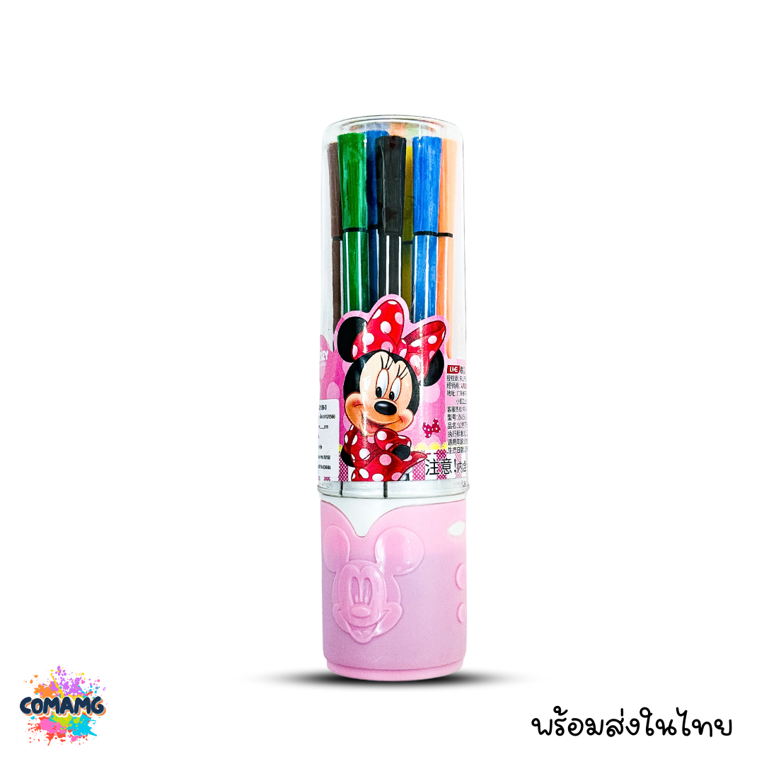 ปากกาเมจิก 12 สี 12 แท่ง ลาย Mickey บรรจุในกล่องพลาสติกทรงกระบอก พร้อมส่งค่ะ