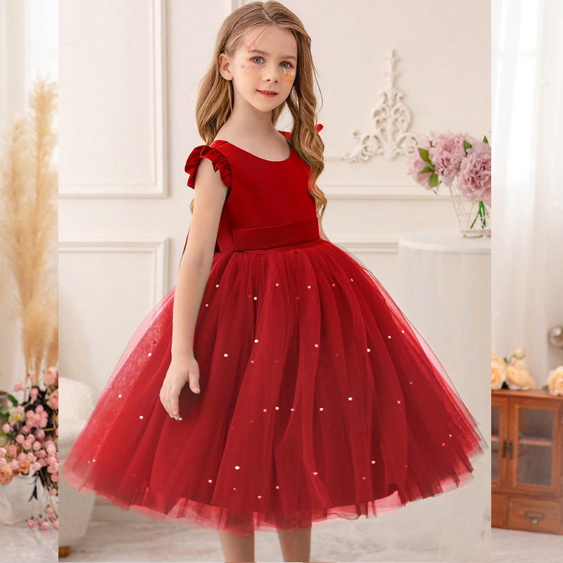 Gd4340- พร้อมส่งจากไทย ชุดออกงานเด็กหญิงสีแดง แขนระบายสุดน่ารัก โบว์ใหญ่สวยๆ แยกจากชุดได้ ตกแต่งมุกที่กระโปรง ตัวเสื้อเงาดุจผ้าไหม ชุดราตรีเด็กทรงสั้น