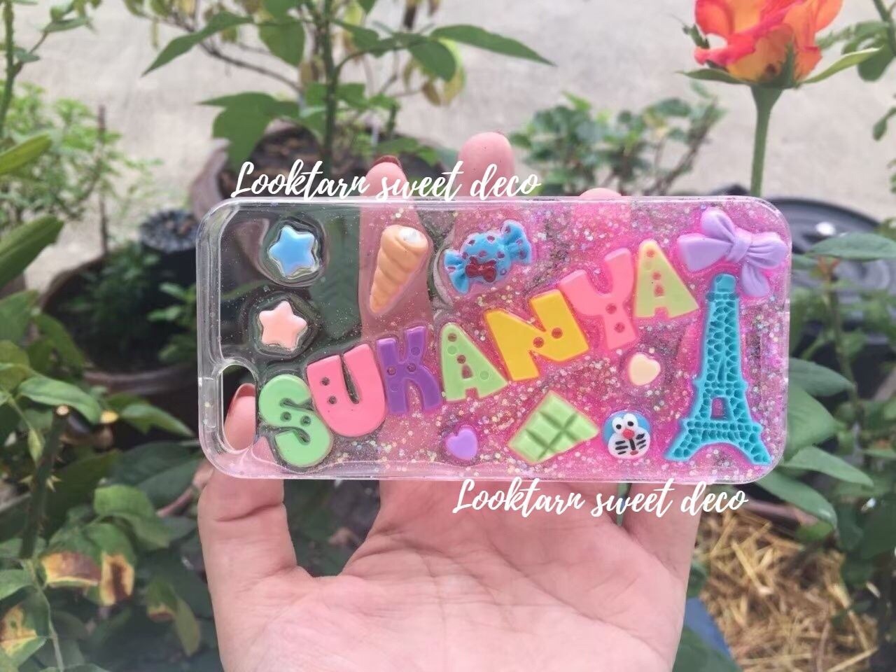 เคสกากเพชรชมพูไล่ใส อักษรคละสี