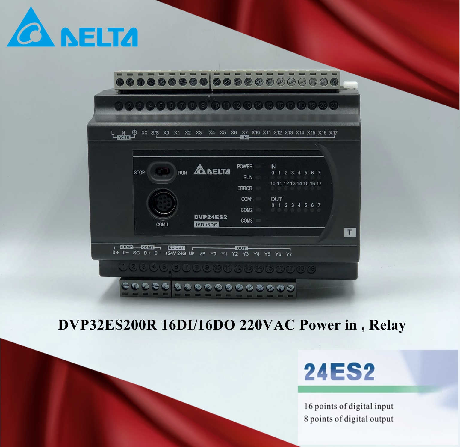Delta PLC DVP32ES200R 16DI/16DO 220VAC Power in (Relay)
