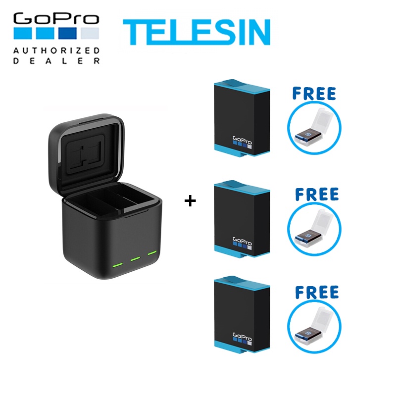 GoPro 10 / 9 Telesin Charger Box + Battery x 3 ของโกโปรแท้ ประกันศูนย์ 1 ปี แท่นชาร์จ ที่ชาร์จ + แบตเตอร์รี่โกโปร 10 / 9