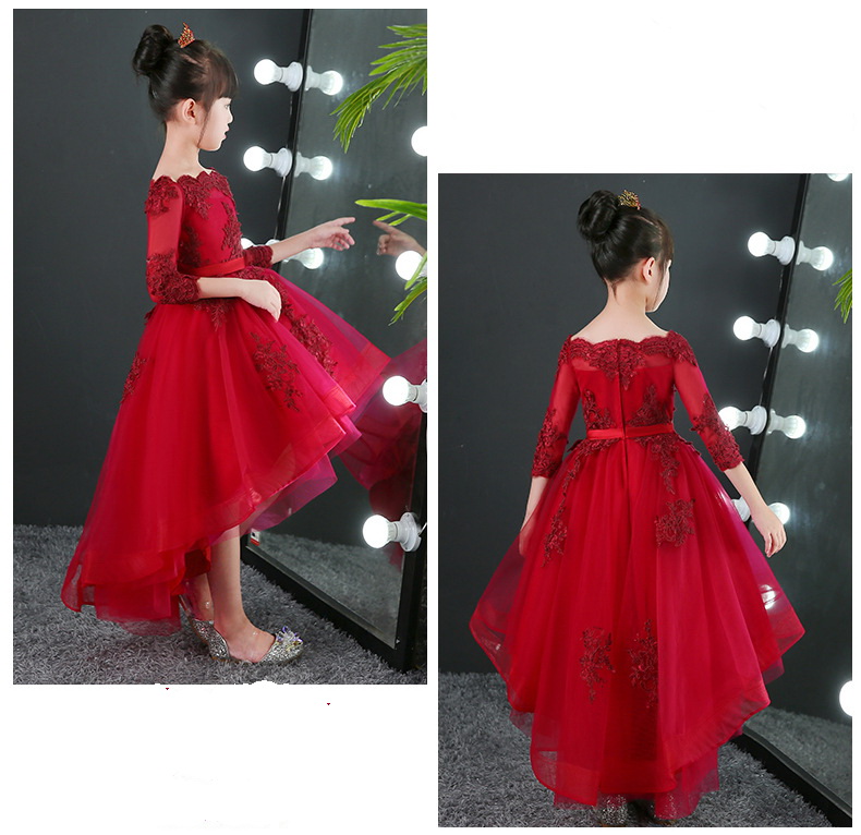 Gd3145- พร้อมส่งชุดเดรสออกงานเด็กสีแดงเข้ม ชุดราตรีเด็ก ทรงหน้าสั้น-หลังยาว แขนยาวเหมือนแบบ