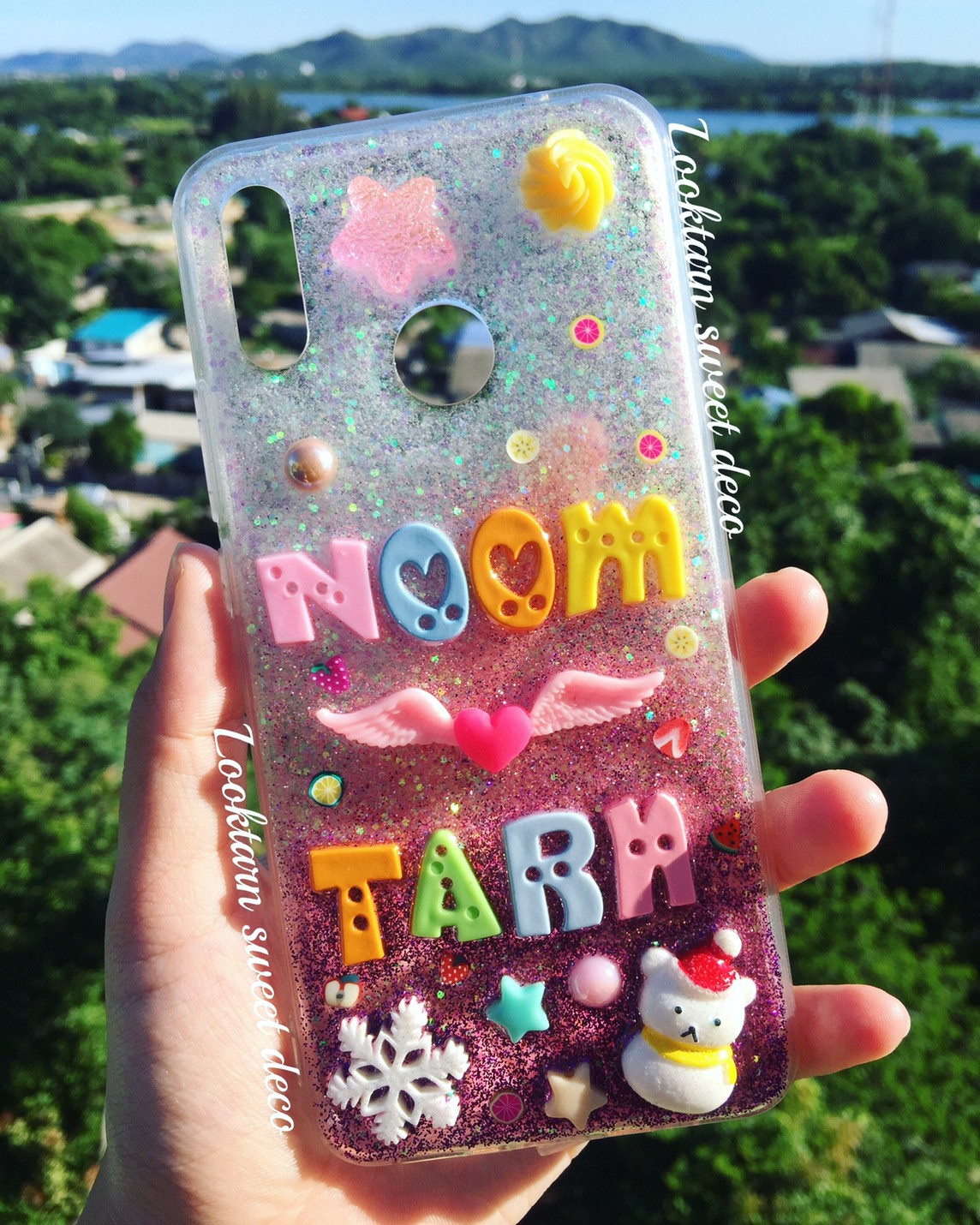 เคสกากเพชรขาว ชมพูเข้ม ม่วง อักษรคละสี