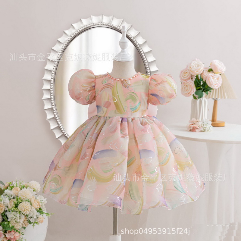 Gd4050- พร้อมส่งจากไทย ชุดราตรีเด็กสีชมพู ชุดออกงานเด็กหญิงทรงสั้น ลายสวยหวาน แต่งโบว์และมุกสุดสวยหวาน มีแขนตุ๊กตา ลุคคุณหนูสุดน่ารัก สำหรับเด็กเล็ก-เด็กโต