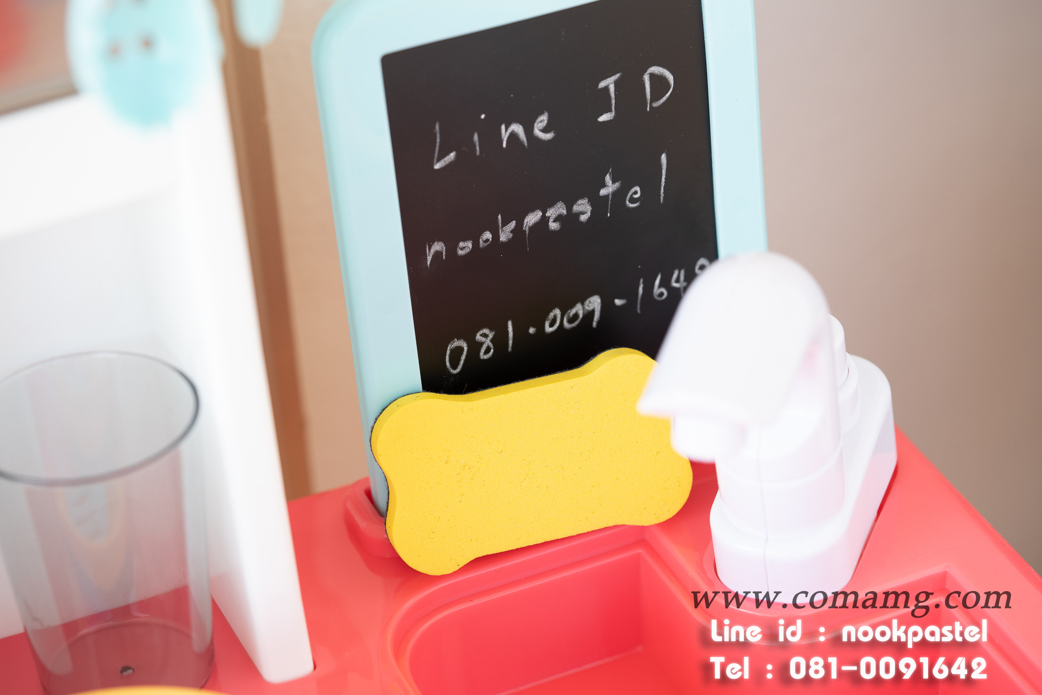 โต๊ะครัวสีชมพูพร้อมอุปกรณ์ 43 ชิ้น น้ำไหลได้จริง (เตาแก๊สมีไอน้ำ)