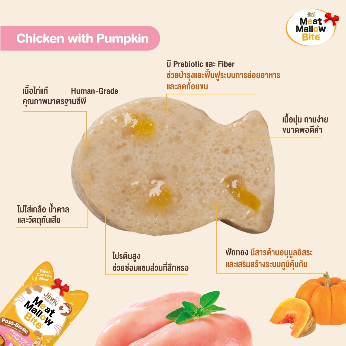 (4ซองราคาพิเศษ) Jinny Meat Mallow Bite จินนี่ มีทแมลโลว์ ไบท์ ขนมสำหรับแมวโต ขนาด 15g