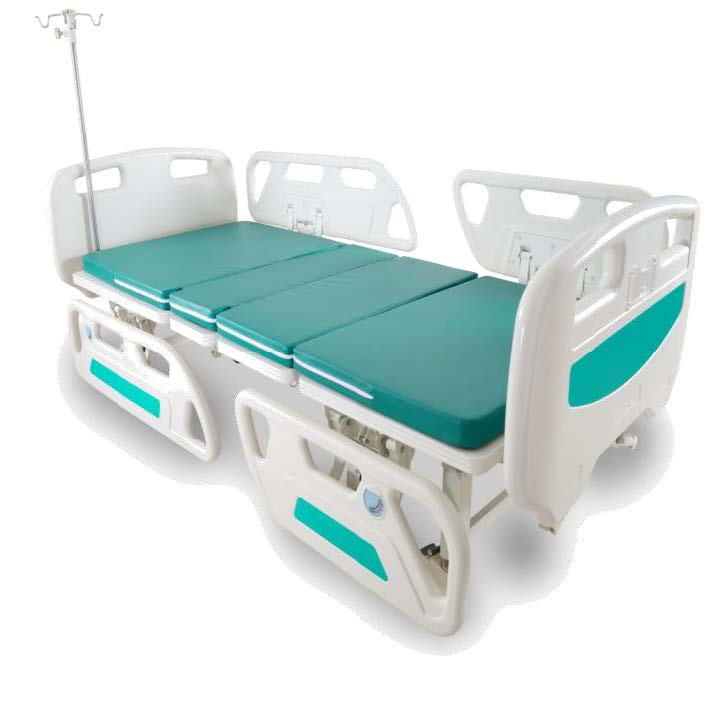 เตียงผู้ป่วยปรับมือหมุน 3 ไกร์ มือหมุน รุ่น A236P ราวปีกนกยาว สามารถปรับสูงต่ำได้ + พร้อมที่นอน 4 ตอน + เสาน้ำเกลือแบบเสียบหัวเตียง