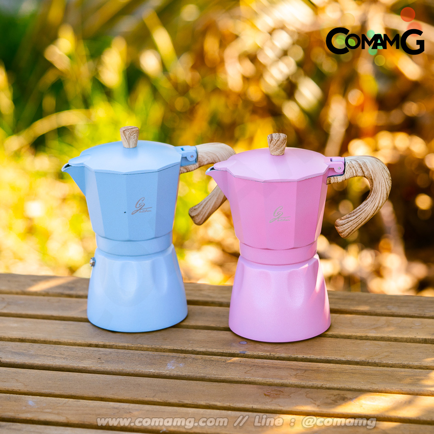 Moka Pot กาต้มกาแฟสดพกพา Fancy หม้อต้มกาแฟ ทรงแปดเหลี่ยม หูจับลายไม้