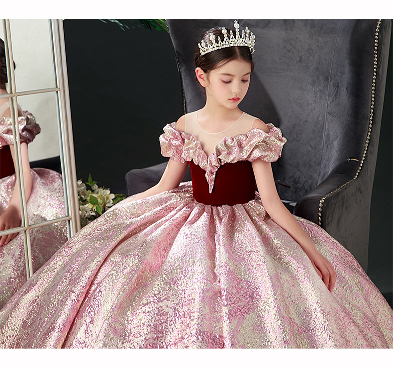 Gd4599- พร้อมส่งจากไทย ชุดออกงานเด็กหญิงสีชมพู-แดง ทูโทน ผ้าสวยทรงสวยสุดหรูหรา ตัวเสื้อกำมะหยี่สีแดงเข้ม ชุดราตรีเด็กทรงยาว ชุดออกงานการแสดง