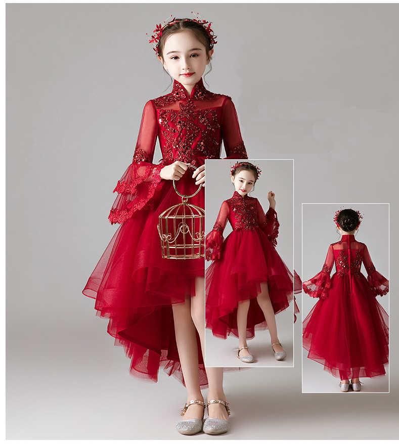 Gd3806- พร้อมส่งจากไทย ชุดราตรีเด็ก สีแดงเข้ม ชุดออกงานเด็กหญิง แขนยาว ทรงหน้าสั้นหลังยาวแบเดรสทรงหางปลา งานลูกไม้สวย ดูหรูหรา คอจีน