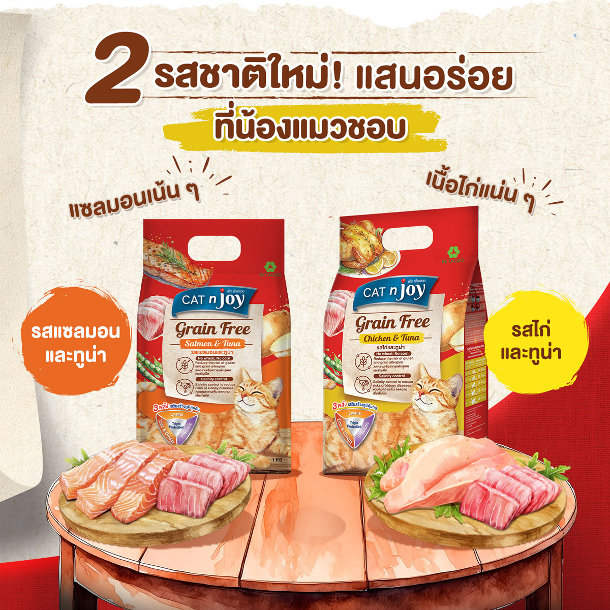 CAT n joy Grainfree แค็ท เอ็น จอย อาหารแมวโต สูตรแกรนฟรี ขนาด 1 kg