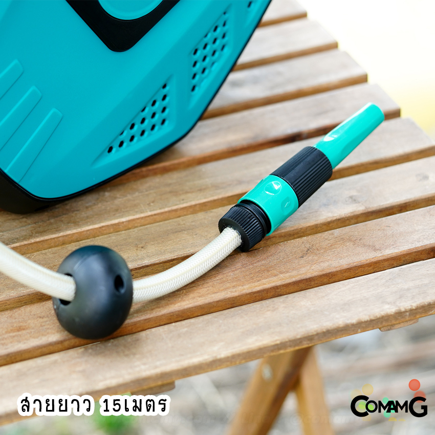 สายยางฉีดน้ำ พร้อมที่เก็บ แบบระบบดึงกลับอัตโนมัติ สายยางใยเชือก4หุน ยาว15เมตร ยีห้อTakara