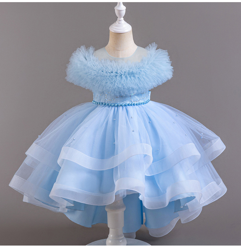 Gd4124- พร้อมส่งจากไทย ชุดออกงานเด็กหญิงสีฟ้า แขนสวยฟูฟ่อง ทรงสวย กระโปรงติดมุก สุดน่ารัก ชุดราตรีเด็กทรงหน้าสั้น-หลังยาว