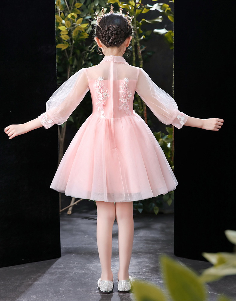 Gd3920- พร้อมส่งจากไทย ชุดออกงานเด็กหญิงสีชมพู สีชมพูอ่อนนวล ตกแต่่งสวยหรูดูดี ดูสวยสง่า ชุดราตรีเด็กทรงสั้น แขนยาว