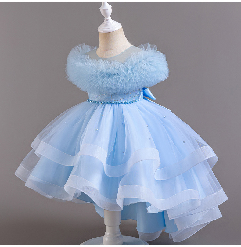 Gd4124- พร้อมส่งจากไทย ชุดออกงานเด็กหญิงสีฟ้า แขนสวยฟูฟ่อง ทรงสวย กระโปรงติดมุก สุดน่ารัก ชุดราตรีเด็กทรงหน้าสั้น-หลังยาว