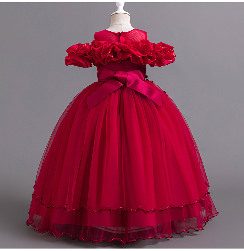 Gd4300- พร้อมส่งจากไทย ชุดออกงานเด็กหญิงสีแดง แขนสวยทรงสวยสุดน่ารัก ชุดราตรีเด็กทรงสั้น และทรงหน้าสั้น-หลังยาว