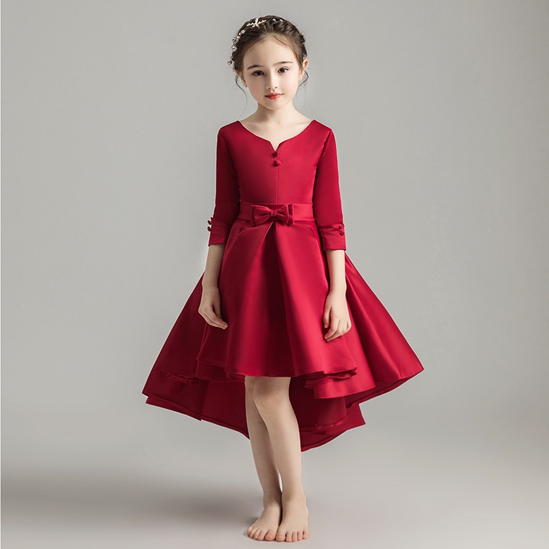 Gd35002-2 พร้อมส่ง ชุดออกงานเด็กหญิงสีแดงเข้ม ชุดราตรีเด็กทรงหน้าสั้น-หลังยาวแบบเดรสหางปลา โบว์ใหญ่แยกได้ แขนยาวสามส่วน