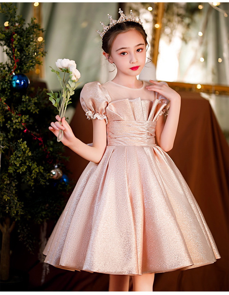 Gd4523- พร้อมส่งจากไทย ชุดออกงานเด็กหญิงสีชมพู แบบชมพูโรสโกลด์ หรือสีพิ้งค์โกลด์ สีสวยผ้าสวยสุดหรูหรา โบว์แยกจากชุดได้ ชุดราตรีเด็กทรงสั้น
