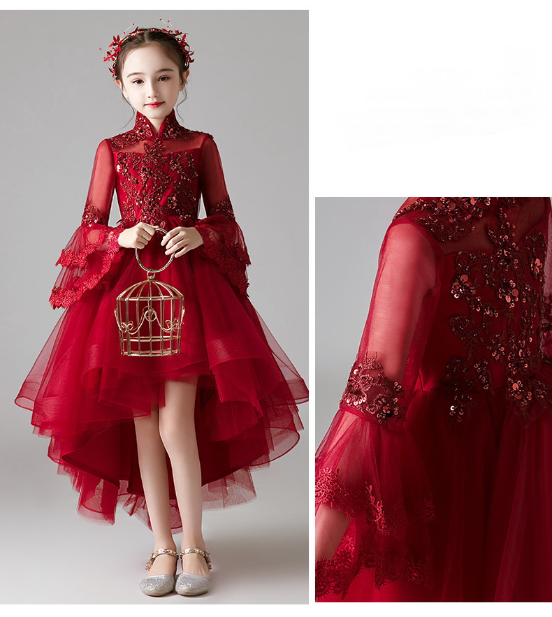 Gd3806- พร้อมส่งจากไทย ชุดราตรีเด็ก สีแดงเข้ม ชุดออกงานเด็กหญิง แขนยาว ทรงหน้าสั้นหลังยาวแบเดรสทรงหางปลา งานลูกไม้สวย ดูหรูหรา คอจีน