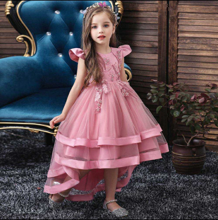 Gd3544- พร้อมส่ง ชุดราตรีเด็กสีชมพู ชุดออกงานเด็กหญิงทรงหน้าสั้น-หลังยาว ชุดกระโปรงเด็ก