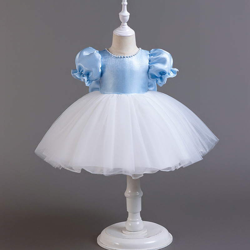 Gd4103- พร้อมส่งจากไทย ชุดออกงานเด็กหญิงสีฟ้า-ขาว ทูโทน ตกแต่งมุกสวยหวาน มีแขนตุ๊กตา โบว์สุดน่ารักแยกจากชุดได้ ชุดราตรีเด็กทรงสั้น