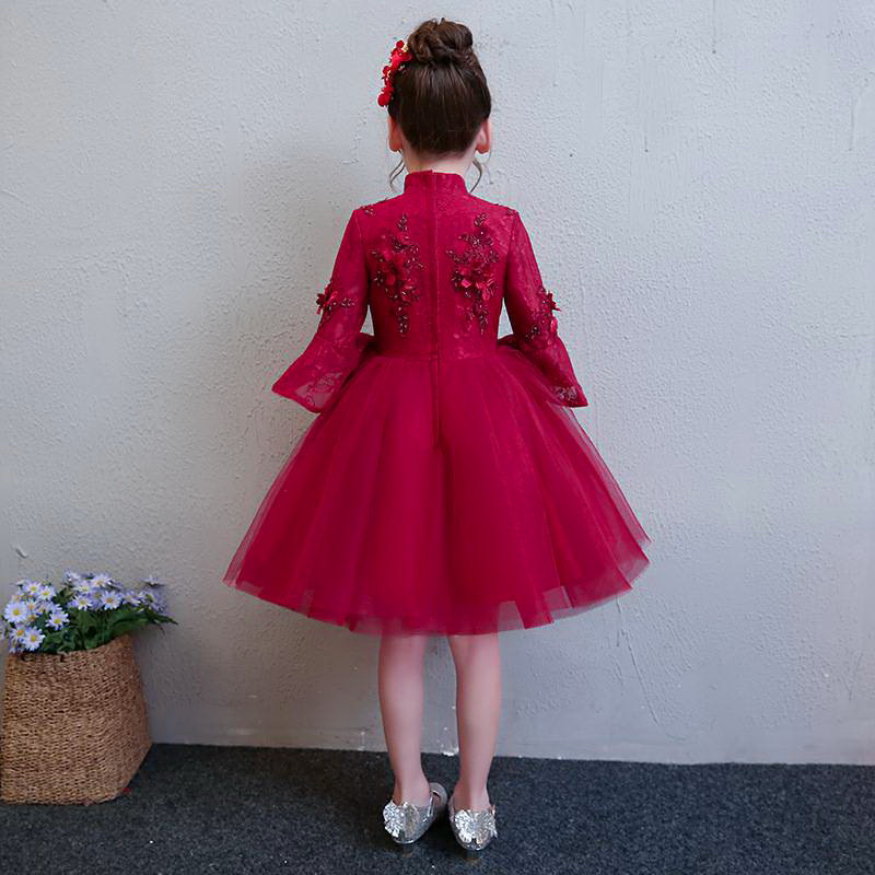 Gd3563- พร้อมส่ง ชุดราตรีเด็กสีแดงเข้ม ชุดออกงานเด็กหญิง ชุดกระโปรงเด็กทรงสั้น แขนยาว แขนและไหล่ซีทรูเบาสบาย ชุดการแสดงเด็ก