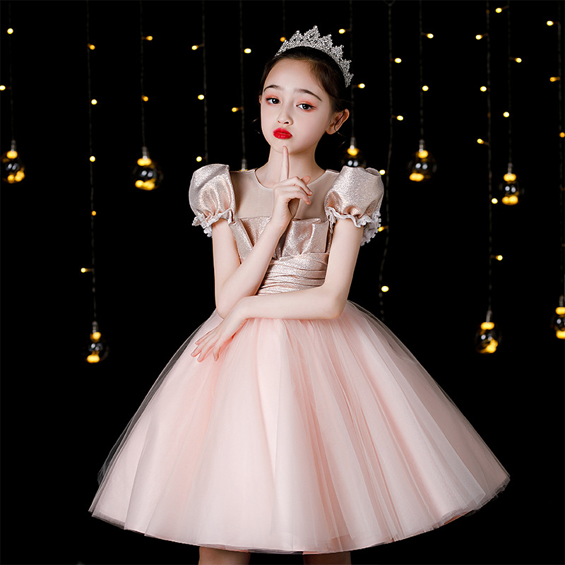 Gd4523- พร้อมส่งจากไทย ชุดออกงานเด็กหญิงสีชมพู แบบชมพูโรสโกลด์ หรือสีพิ้งค์โกลด์ สีสวยผ้าสวยสุดหรูหรา โบว์แยกจากชุดได้ ชุดราตรีเด็กทรงสั้น