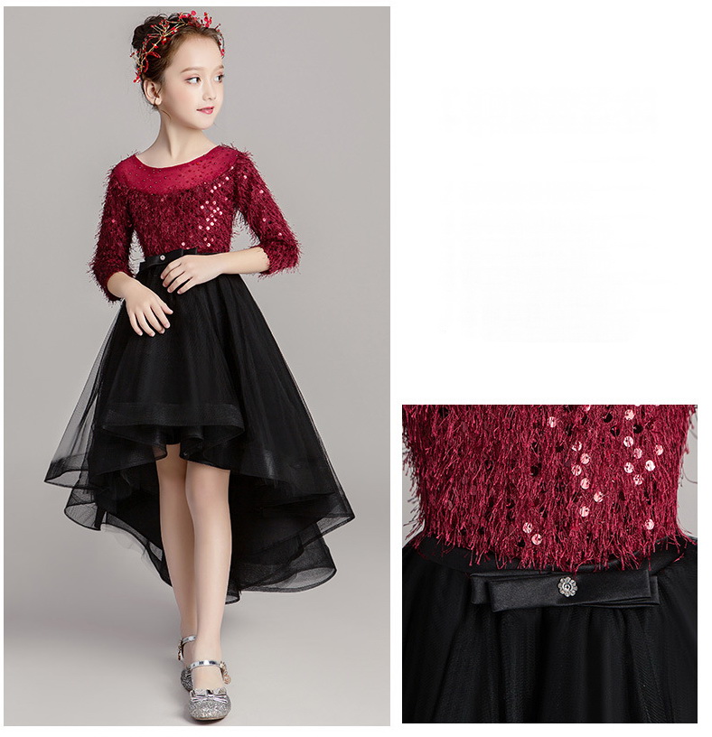 Gd3549- พร้อมส่งจากไทย ชุดออกงานเด็กหญิงสีแดง กระโปรงสีดำ ชุดราตรีเด็ก ทรงหน้าสั้นหลังยาวแบบเดรสหางปลา