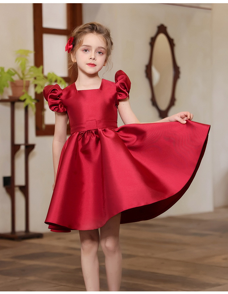 Gd4505- พร้อมส่งจากไทย ชุดออกงานเด็กหญิงสีแดง แขนตุ๊กตาสวย ผ้าสวยดุจไหม ทรงสวยมีสไตล์ ชุดราตรีเด็กทรงสั้น