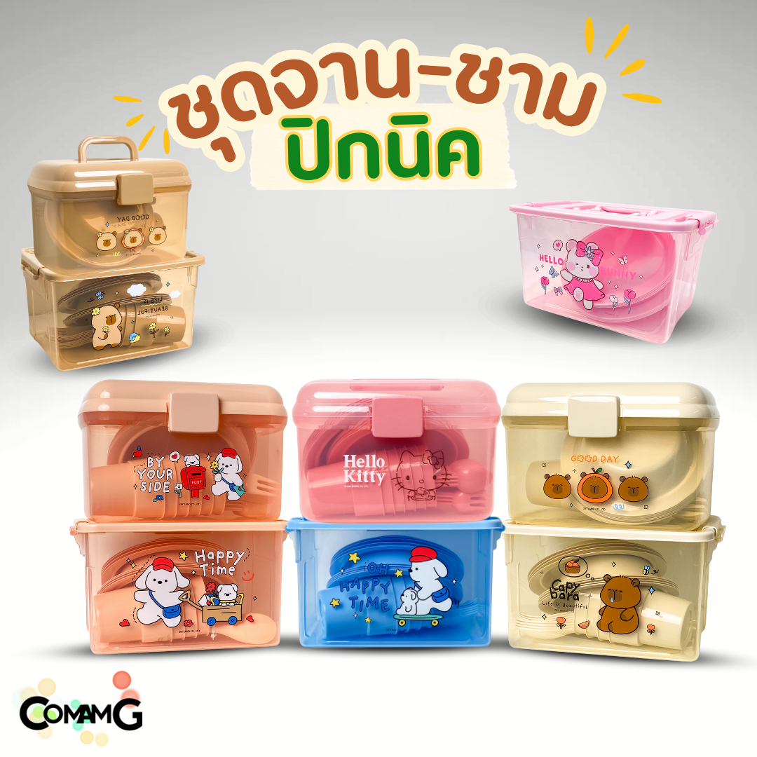 เซ็ตจานชามปิคนิค ชุดปิคนิค พร้อมกล่องใส่หูหิ้วพกพา ลายลิขสิทธิ์แท้