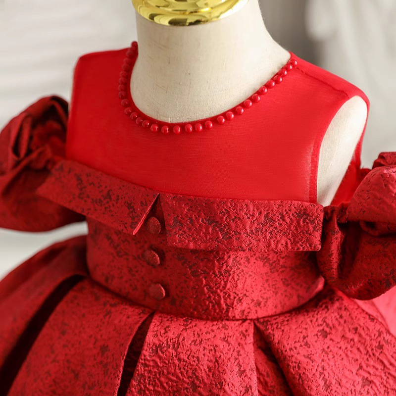 Gd4517- พร้อมส่งจากไทย ชุดออกงานเด็กหญิงสีแดง แขนตุ๊กตา โบว์น่ารักแยกจาุกชุดได้ ไหล่ซีทรูดูสวยหรูหรา ผ้าลายมีมิติ ชุดราตรีเด็กทรงสั้น
