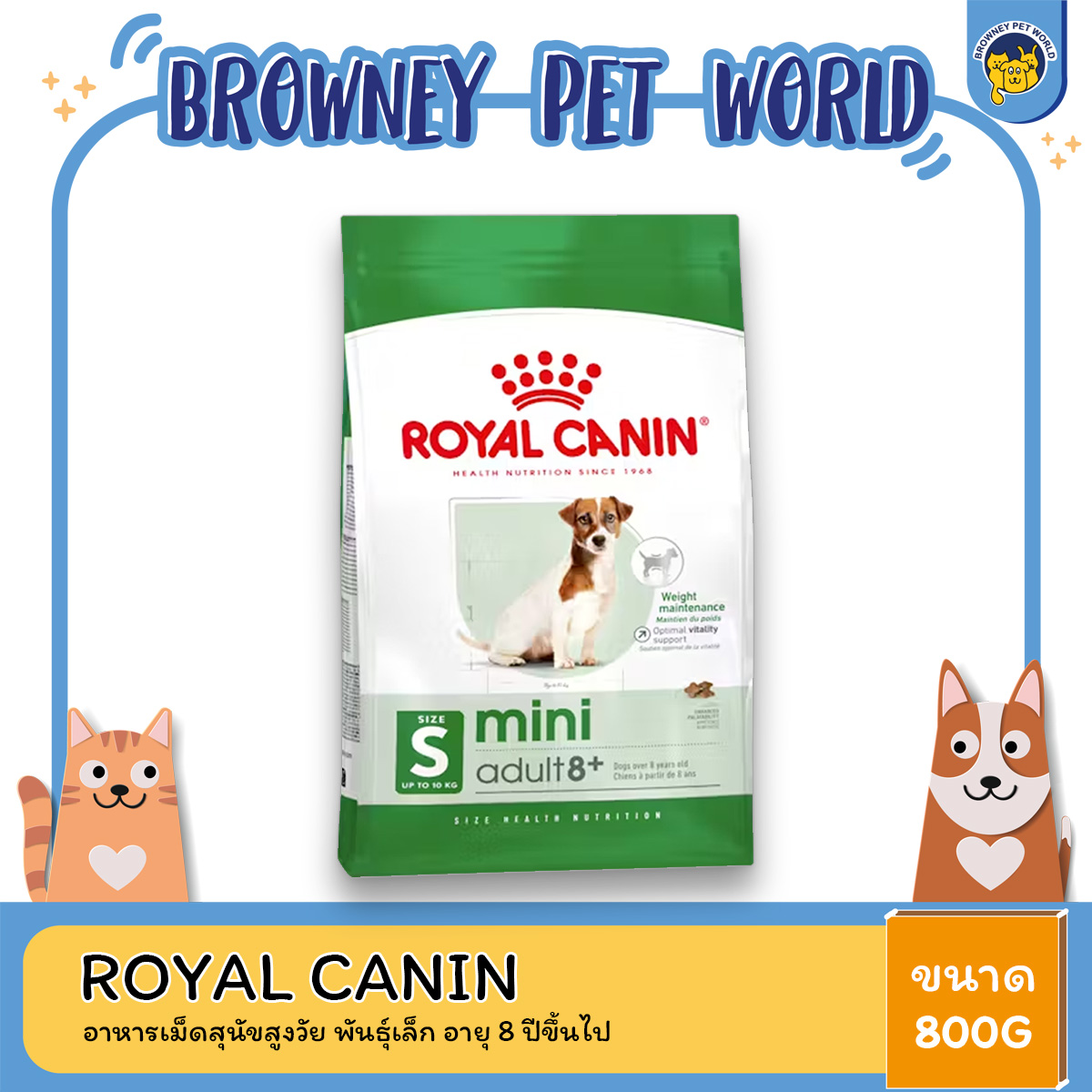 Royal Canin Mini Adult 8+ 800g อาหารเม็ดสุนัขสูงวัย พันธุ์เล็ก อายุ 8 ปีขึ้นไป (Dry Dog Food, โรยัล คานิน)