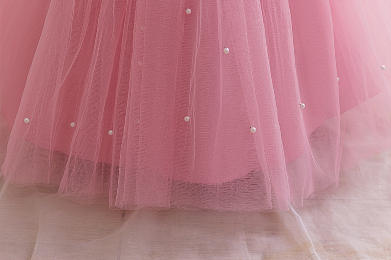 Gd4506- พร้อมส่งจากไทย ชุดออกงานเด็กหญิงสีชมพู แขนตุ๊กตาสวย ทรงสวยมีสไตล์ ชุดราตรีเด็กทรงสั้น