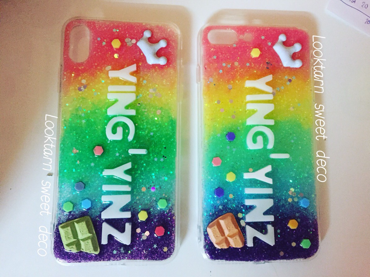 เคสกากเพชรสีรุ้งพาสเทล อักษรสีขาว