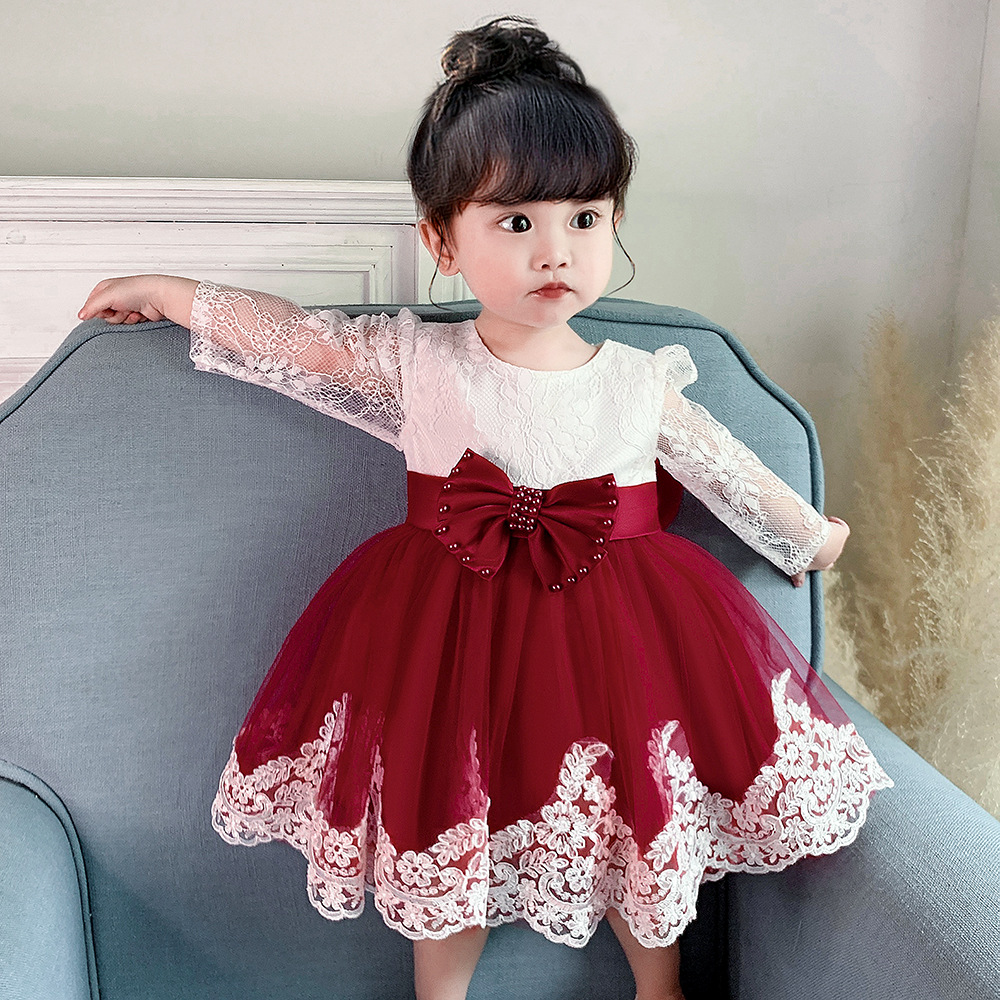 Gd3788- พร้อมส่งจากไทย ชุดราตรีเด็ก สีแดง เด็กเล็ก-เด็กโต ลูกไม้นุ่มนิ่มสวยหรู ชุดออกงานเด็กหญิง ทรงสั้น แขนยาว