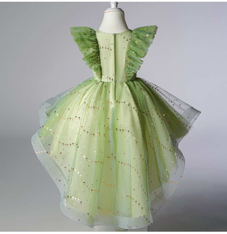 Gd4119- พร้อมส่งจากไทย ชุดเดรสออกงานเด็กสีเขียวตองอ่อน สีสวยเหมือนในแบบ ทรงสั้น และ ทรงหน้าสั้น-หลังยาว ตกแต่งด้วยระบายที่ตัวเสื้อ และติดกลิตเตอร์แน่นทน