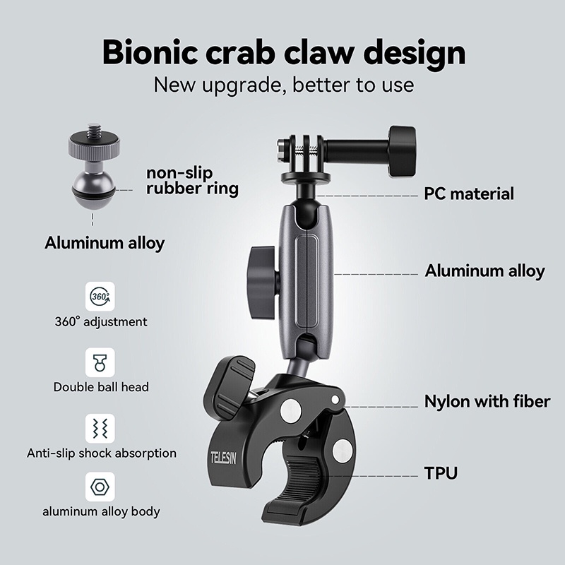 Telesin Universal Tube Clamp (Aluminium Body) Motorcycle Cycling Crab Claw Clip Magic Arm 360 Adjustment Super Clamp 1/4