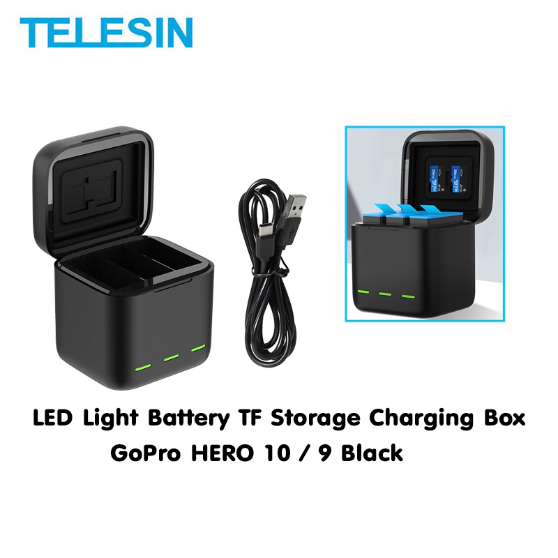 GoPro 11 / 10 / 9 Telesin Charger Box แท่นชาร์จและที่เก็บแบตและเมมโมรี่ในตัว มีไฟแสดงสถานะ