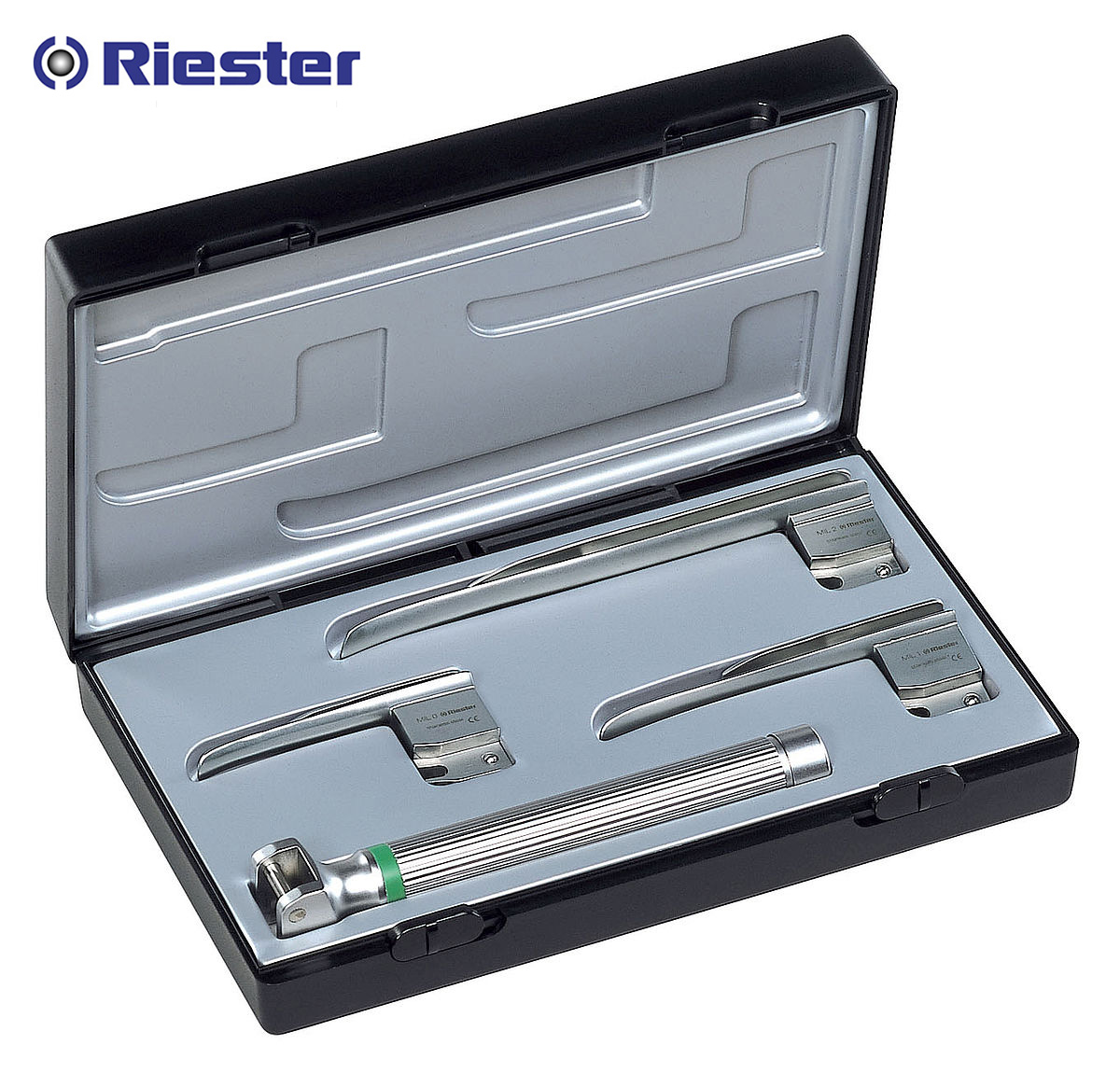 Laryngoscope รุ่น R8110 Miller (Fiber Optic), blade ตรง 0,1,2 XL 2.5V AA Handle (แบบไม่หุ้มท่อนำแสง): Riester, Germany