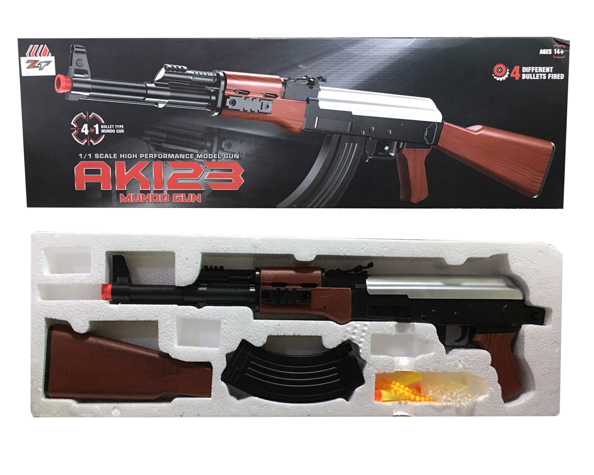 ปืนอัดลม ปืนยิงพลาสติก กระสุนยาง กระสุนกระสุนโฟม 4IN1 AK123 Mundo Gun