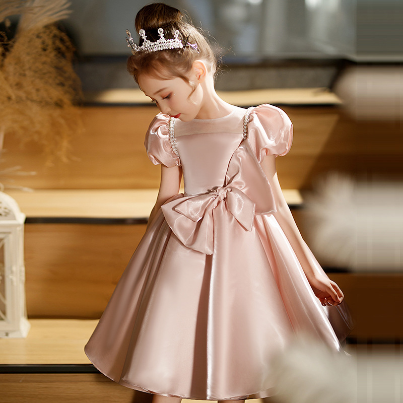 Gd4510- พร้อมส่งจากไทย ชุดออกงานเด็กหญิงสีชมพู แขนตุ๊กตาร้อยมุกสุดหรูหรา ติดโบว์แยกจากชุดได้ ผ้าสวยหรูหราดุจไหม เด็กเล็ก-เด็กโต ชุดราตรีเด็กทรงสั้น