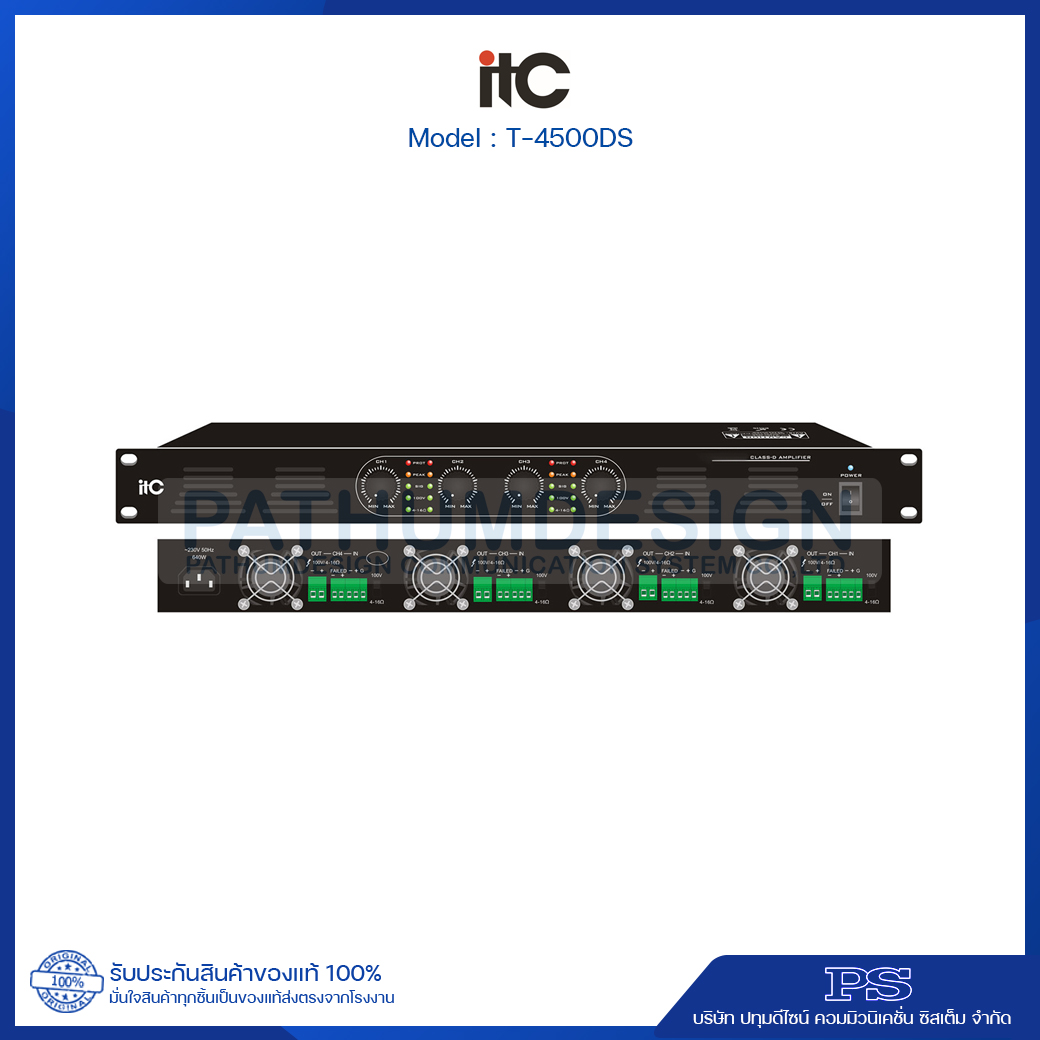 T-4500DS 4x500W, Class-D Amplifier, 100V and 4-16 ohms
