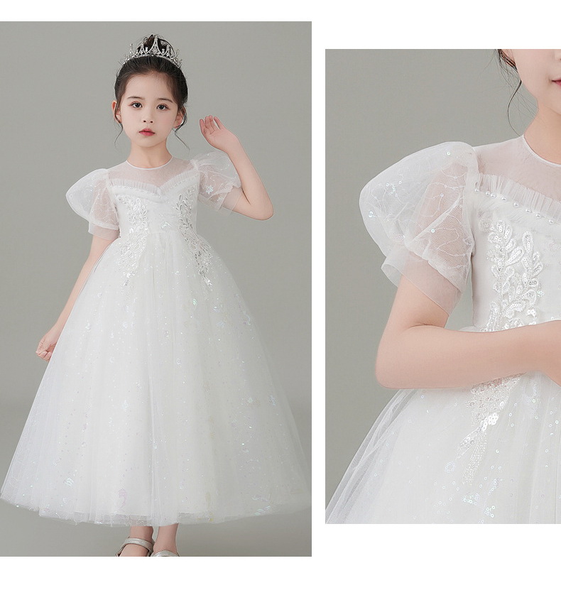 Gd4082- พร้อมส่งจากไทย ชุดออกงานเด็กหญิงสีขาว ตกแต่งเลื่อมสีทองสุดสวยหรู แขนตุ๊กตามน่ารัก ชุดราตรีเด็กทรงยาวและทรงหน้าสั้น-หลังยาวแบบเดรสทรงหางปลา