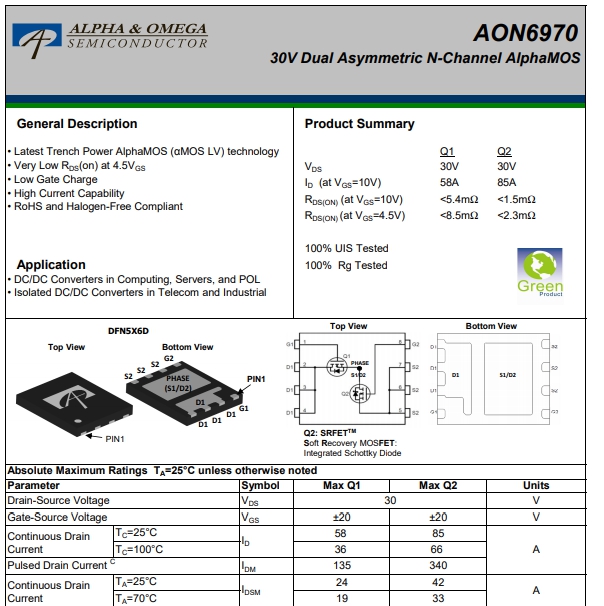 AON6970 AO6970 6970 AO6970 30V Dual Asymmetric N-Channel