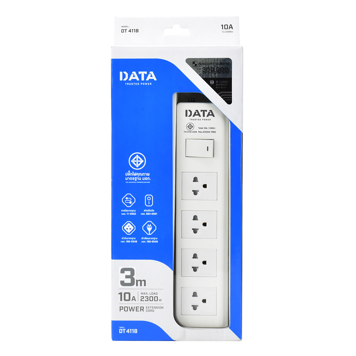 DATA ปลั๊ก มอก. 4ช่อง 1สวิตซ์ เต้าเดี่ยว สาย 3เมตร VCT 3x0.75 DT4118 3M