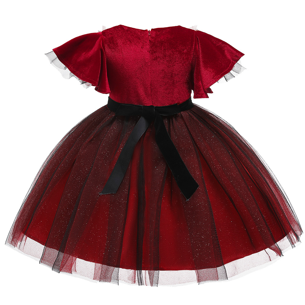 Gd35481 พร้อมส่งจากไทย ชุดราตรีเด็กสีแดงกำมะหยี่ ทรงสั้น มีแขน หรือ ใช้เป็น ชุด คริสมาส เด็ก ผู้หญิง ได้ ชุดคริสมาสต์