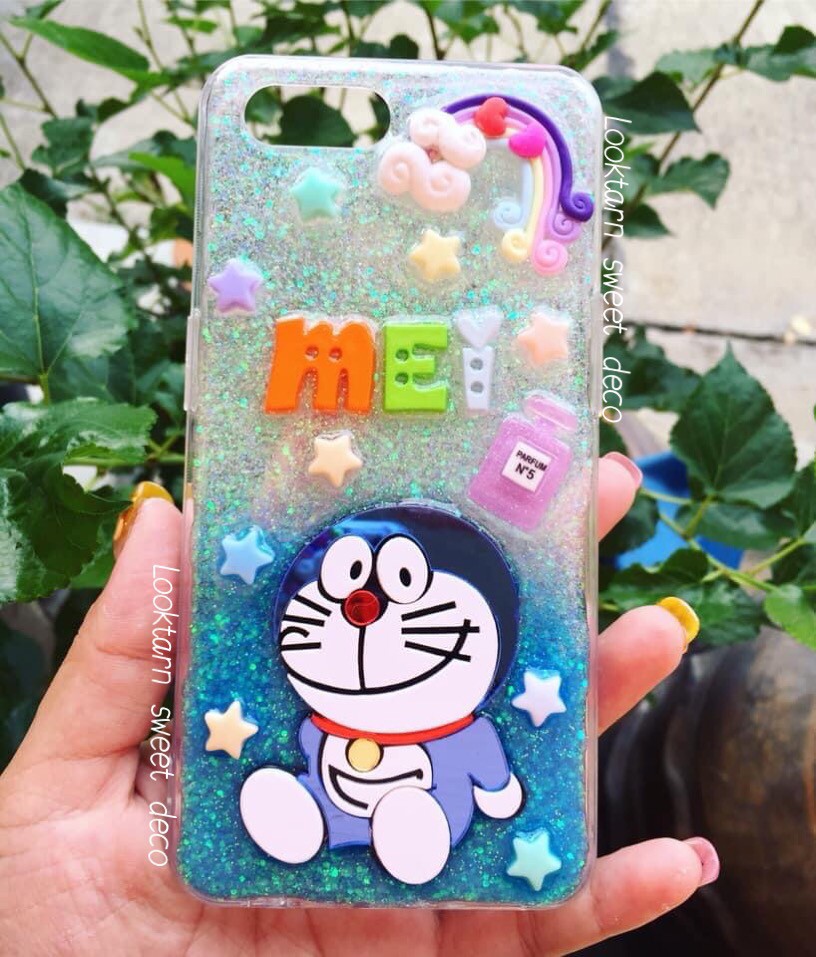 เคสกากเพชรสีขาว ฟ้า อะคริลิคโดเรม่อน อักษรคละสี
